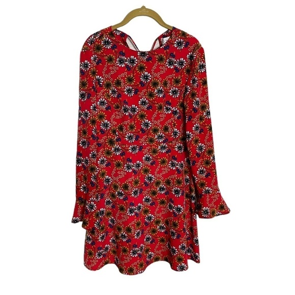 Wayf Red Daisy Floral Flute Flare Sleeve Boho Dress Tie Back Small - Picture 1 of 7